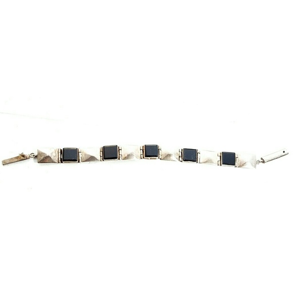 Vintage Sterling Silver Onyx Signed Link Bracelet - Picture 5 of 8